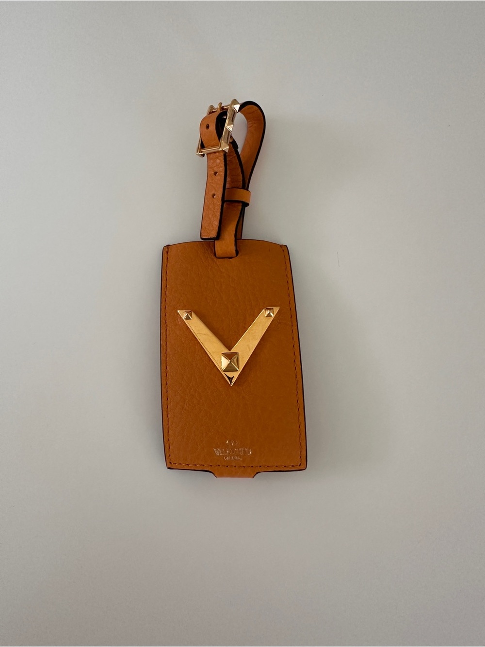 Valentino orange Leather Luggage Tag with Gold V Stud Accent
